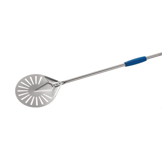 Stainless steel perforeted round small pizza peel ø 23 cm - sliding element in blue color. - Mabrook Hotel Supplies