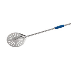Stainless steel perforeted round small pizza peel ø 23 cm - sliding element in blue color. - Mabrook Hotel Supplies