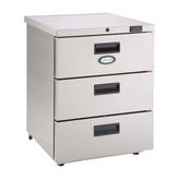 Stainless Steel Refrigerated Undercounter Cabinet with 3 Drawers and 4 Castors. - Mabrook Hotel Supplies