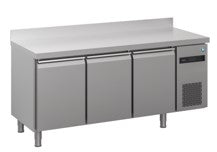 (72G2.37NMV.U3) 3 Doors 1/1 GN Refrigerated Counter with Flat Worktop - 2 Shelves each Doors and 100 mm Splashback - Castors Included. - Mabrook Hotel Supplies