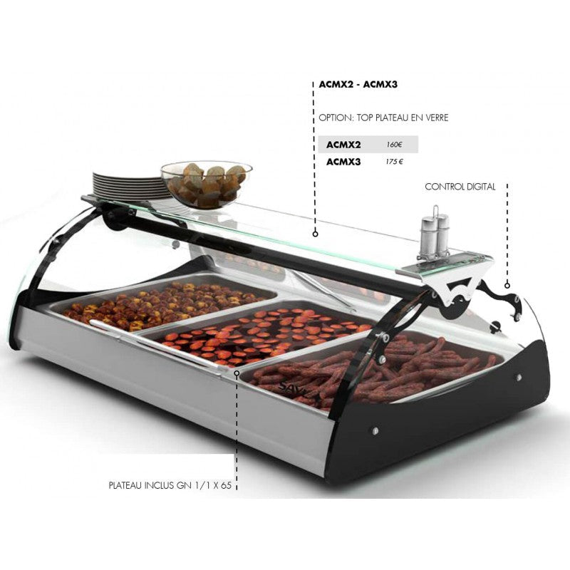 Sayl MaxiSelf CMX3 Bain Marie Stainless Steel with tempered glass & adjustable legs. - Mabrook Hotel Supplies