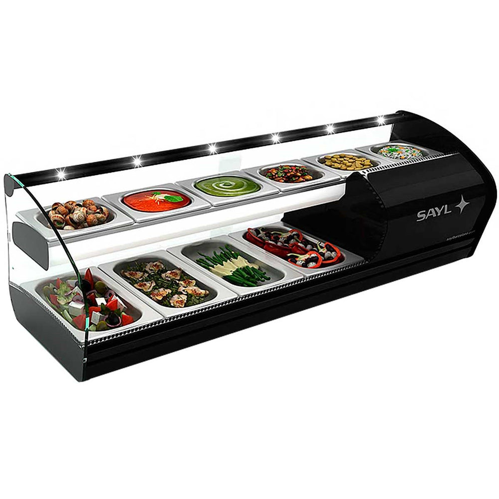 Sayl Refrigerated stainless steel display case V46 SHARK TAPAS  with two exposure levels offering a capacity of 6 GN 1/6 containers and 4 GN 1/3 x 40mm containers. - Mabrook Hotel Supplies