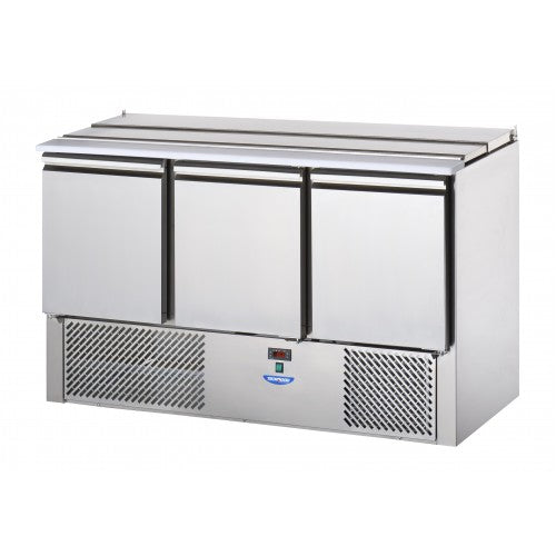 VENTILATED 3 DOORS SALADETTE COUNTER REFRIGERATOR, BUILT-IN UNIT WITH STAINLESS STEEL LID AND POLYETHYLENE WORKTOP. - Mabrook Hotel Supplies