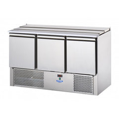 VENTILATED 3 DOORS SALADETTE COUNTER REFRIGERATOR, BUILT-IN UNIT WITH STAINLESS STEEL LID AND POLYETHYLENE WORKTOP. - Mabrook Hotel Supplies