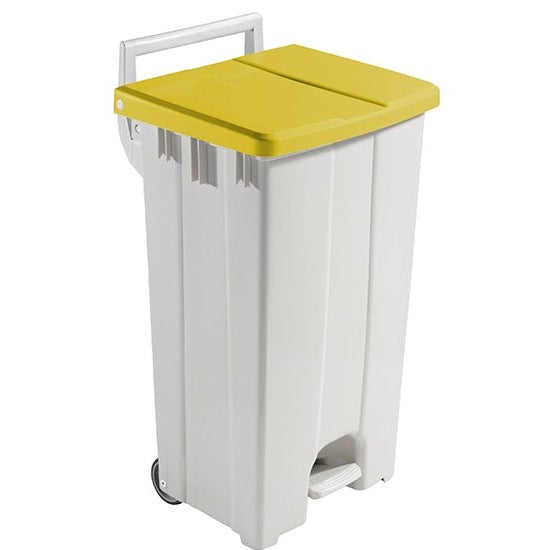 DERBY 90 LITRE, WHITE POLYPROPYLENE BIN WITH, PEDAL & 10cm WHEELS, YELLOW ( IDEAL FOR PLASTIC BAGS 70X75X110 & 80X85X110 cm) - Mabrook Hotel Supplies
