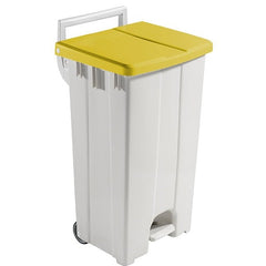 DERBY 90 LITRE, WHITE POLYPROPYLENE BIN WITH, PEDAL & 10cm WHEELS, YELLOW ( IDEAL FOR PLASTIC BAGS 70X75X110 & 80X85X110 cm) - Mabrook Hotel Supplies