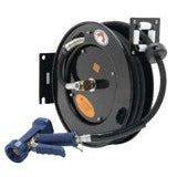 Heavy Duty Hose Reel, Open, Powder Coated Steel, 3/8" x 50' ID Hose, Front Trigger Water Gun (Brass). - Mabrook Hotel Supplies