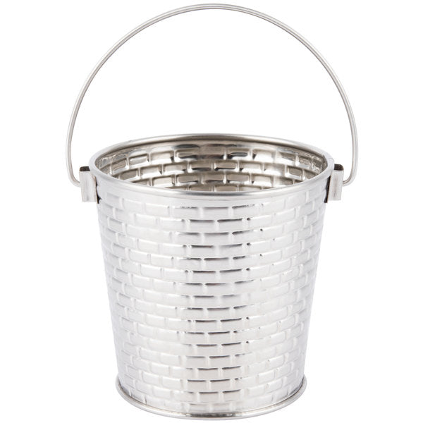 ROUND PAIL WITH HANDLE. STAINLESS STEEL CONSTRUCTION WITH BRICK PATTERN TEXTURE. CAP: 16.5 OZ, DIM: 10.46 X9.52cm - Mabrook Hotel Supplies