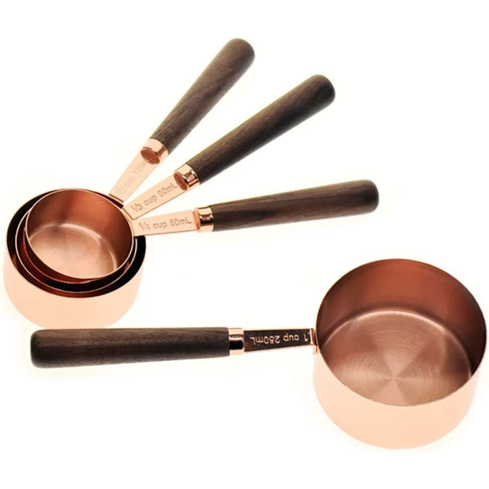 MEASURING CUPS WITH LONG WOOD HANDLE 4-PC SET - COPPER - Mabrook Hotel Supplies