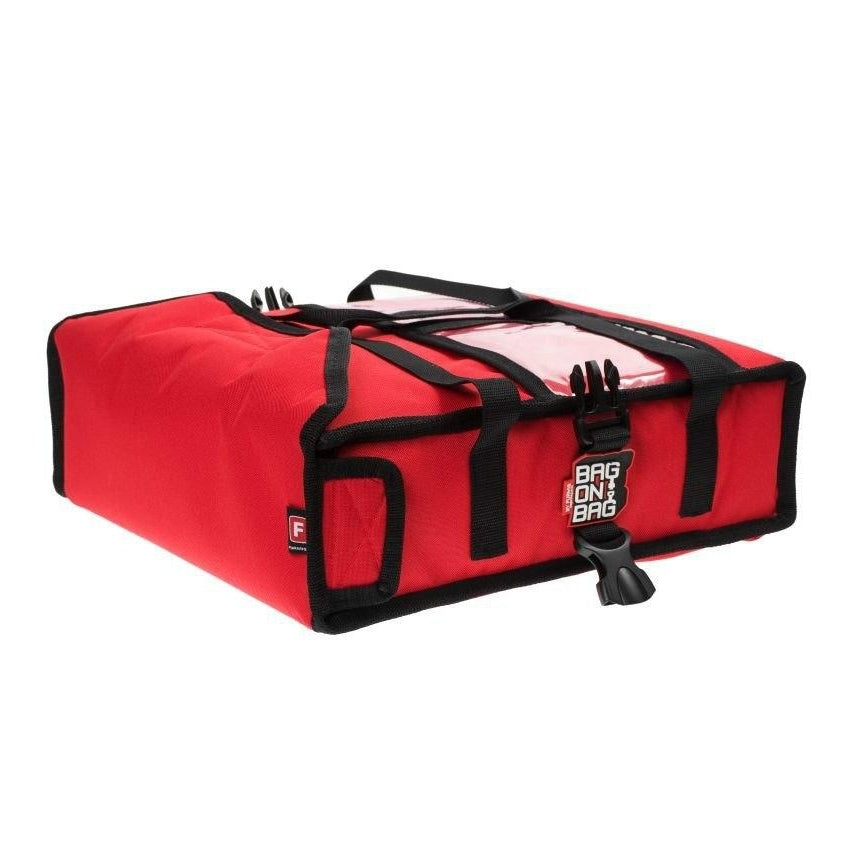 THERMAL BAG, COLOR: RED, CAPACITY: 2 PIZZA BOXES 60X60 CM, SIDE POCKETS FOR DRINKS, DURABLE AND EASILY WASHABLE MATERIALS. DIM: 63X63X13 H CM. - Mabrook Hotel Supplies