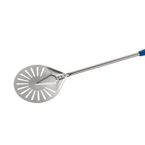 Stainless steel perforeted round small pizza peel ø 23 cm - sliding element in blue color.