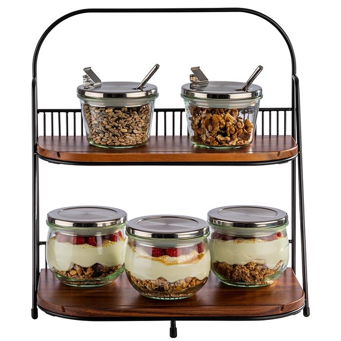 APS URBAN 2-TIER BLACK METAL/ACACIA WOOD DISPLAY STAND - Mabrook Hotel Supplies