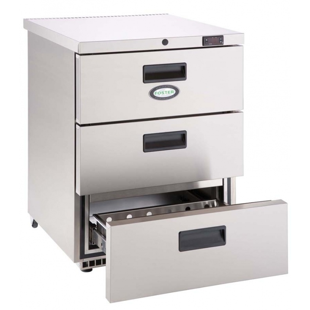 Stainless Steel Refrigerated Undercounter Cabinet with 3 Drawers and 4 Castors. - Mabrook Hotel Supplies