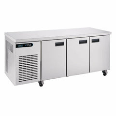 3 Doors Xtra Refrigerated Counter - 2 Left Hand and 1 Right hand Door with 3 Shelves and 4 Castors. - Mabrook Hotel Supplies