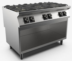 (MAMC0003049) 120 cm 6 Gas Burner Boiling Top on Open Stand with MAMC0006460M - ABVP6M Door for 600 mm Stand. - Mabrook Hotel Supplies