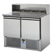 VENTILATED 2 DOORS SALAD COUNTER REFRIGEATOR, WITH GRANITE WORKING TOP AND STAINLESS STEEL REAR RISER.