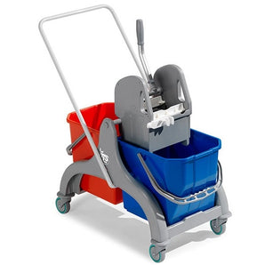 POLYPROPYLENE TROLLEY 50L, GREY W/ TWO BUCKET STRUCTURE, GREY TEC WRINGER, 25-l RED BUCKET, 25-l BLUE BUCKET