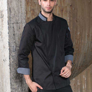 chef jaket black and grey puss botton