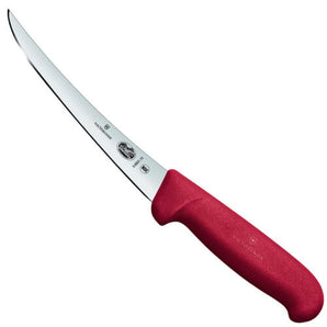 VICTORIOX BONING KNIFE, CURVED NARROW BLADE, RED FIBROX HANDLE - 12 CM