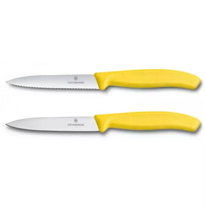 VICTORINOX SWISS CLASSIC PARING KNIVES, 1 WAVY EDGE + 1 NORMAL EDGE - YELLOW 10 CM