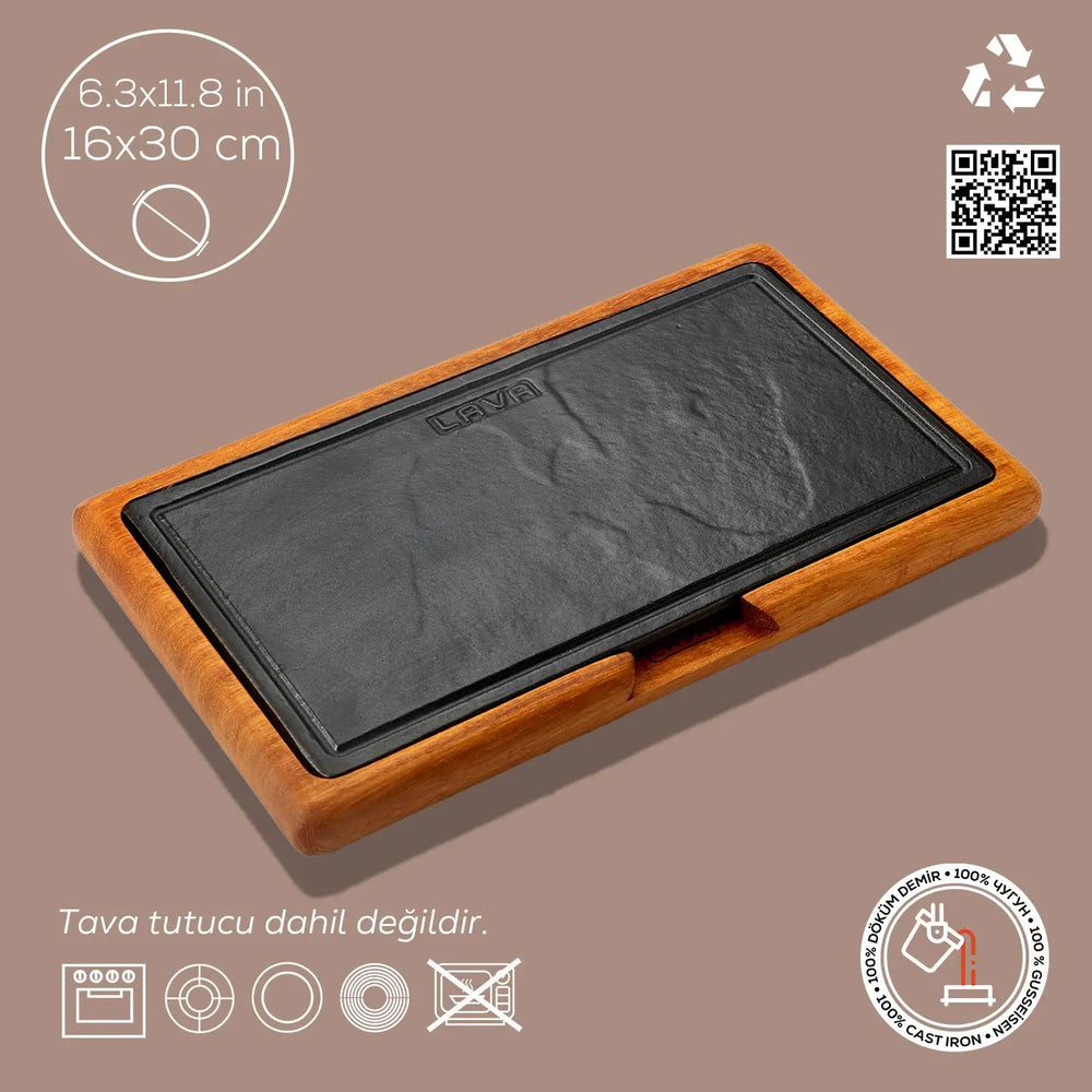 Lava Cast Iron Rectangle Sets With Wooden Serving Platters. 16X30cm. - Mabrook Hotel Supplies