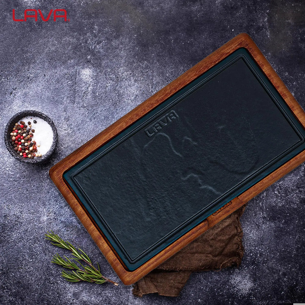 Lava Cast Iron Rectangle Sets With Wooden Serving Platters. 16X30cm. - Mabrook Hotel Supplies