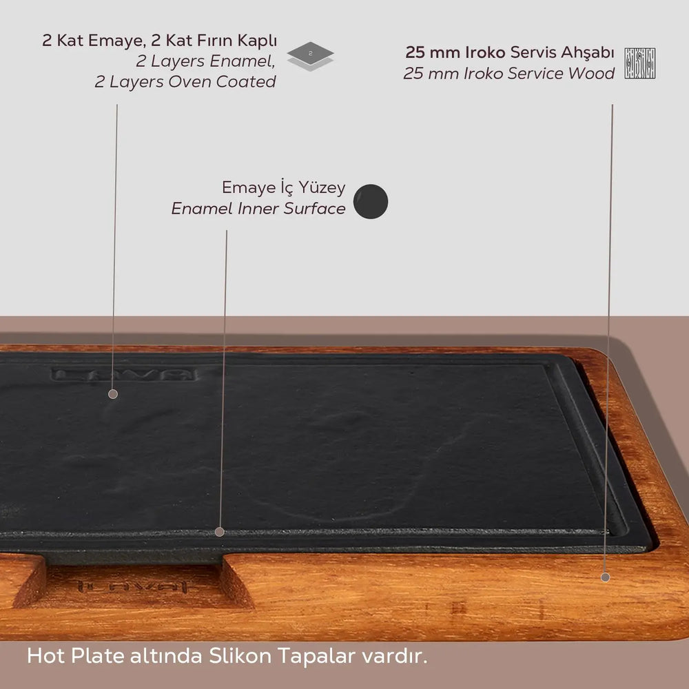 Lava Cast Iron Rectangle Sets With Wooden Serving Platters. 16X30cm. - Mabrook Hotel Supplies