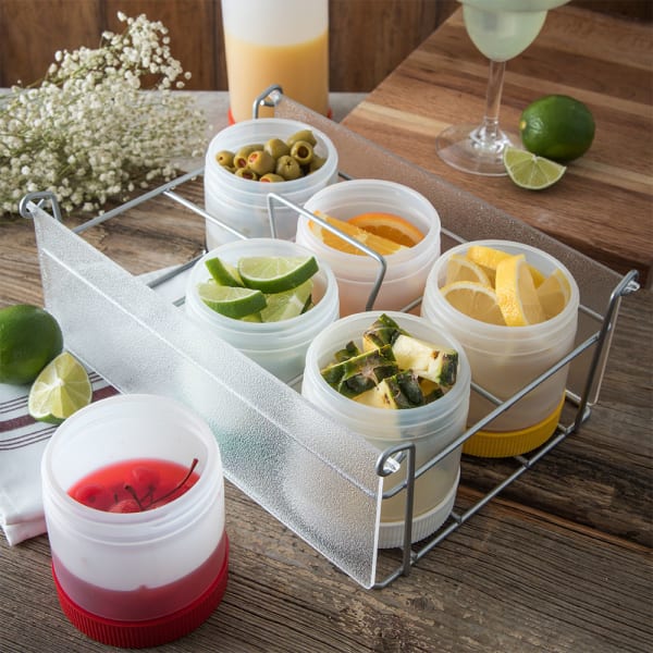 Store 'N Pour® Condiment Caddy, 12"L x 9"W x 4-3/4"H, (6) wide mouth with acrylic cover, polyethylene, clear - Mabrook Hotel Supplies