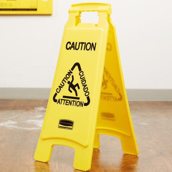 RUBBERMAID, MULTILINGUAL WET FLOOR CAUTION SIGN - YELLOW - Mabrook Hotel Supplies