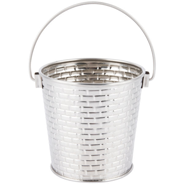 ROUND PAIL WITH HANDLE. STAINLESS STEEL CONSTRUCTION WITH BRICK PATTERN TEXTURE.  CAP: 16.5 OZ,  DIM: 10.46 X9.52cm - Mabrook Hotel Supplies