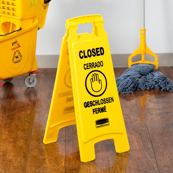 RUBBERMAID, MULTILINGUAL CLOSED FLOOR SIGN - YELLOW - Mabrook Hotel Supplies