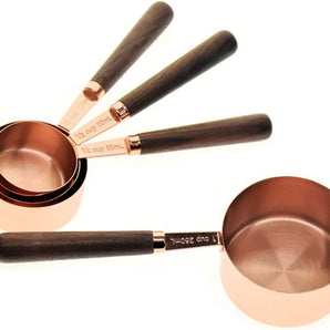 MEASURING  CUPS WITH LONG WOOD HANDLE 4-PC SET - COPPER - Mabrook Hotel Supplies