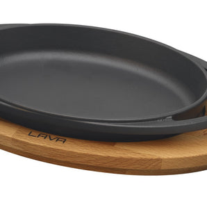 LAVA CAST IRON OVAL DISH AND WOODEN PLATTER - Mabrook Hotel Supplies
