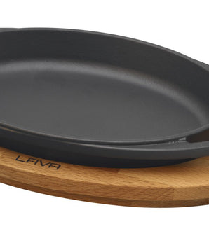 LAVA CAST IRON OVAL DISH AND WOODEN PLATTER - Mabrook Hotel Supplies