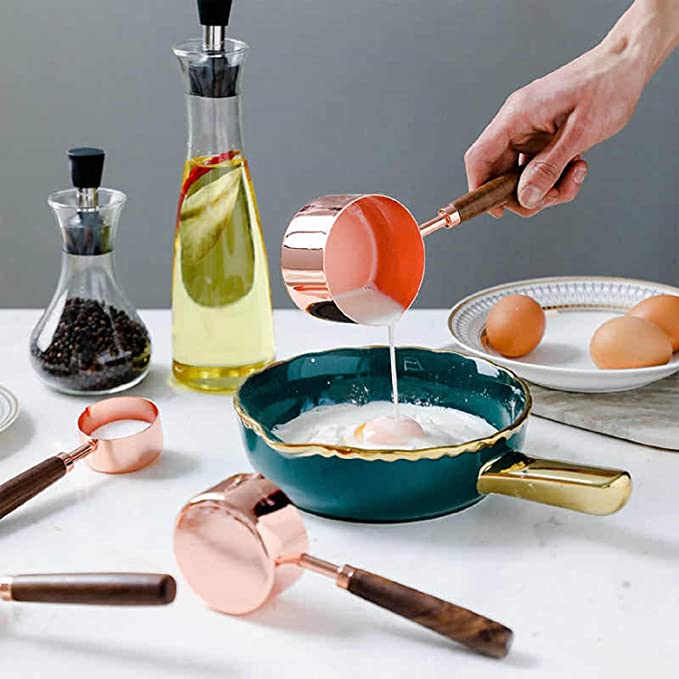 MEASURING  CUPS WITH LONG WOOD HANDLE 4-PC SET - COPPER - Mabrook Hotel Supplies