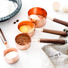 MEASURING  CUPS WITH LONG WOOD HANDLE 4-PC SET - COPPER - Mabrook Hotel Supplies