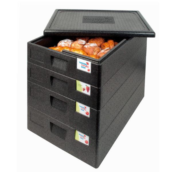SALTO THERMO FUTURE BOX, 60X40,WITHOUT LID,(LID CODE: 12693),COLOR: BLACK, CAPACITY: 18 L, WITH ERGONOMIC HANDLES AND SPACE FOR LABELING. INSIDE DIM: 625X425X80 MM. OUTSIDE DIM: 685X485X125 MM. - Mabrook Hotel Supplies
