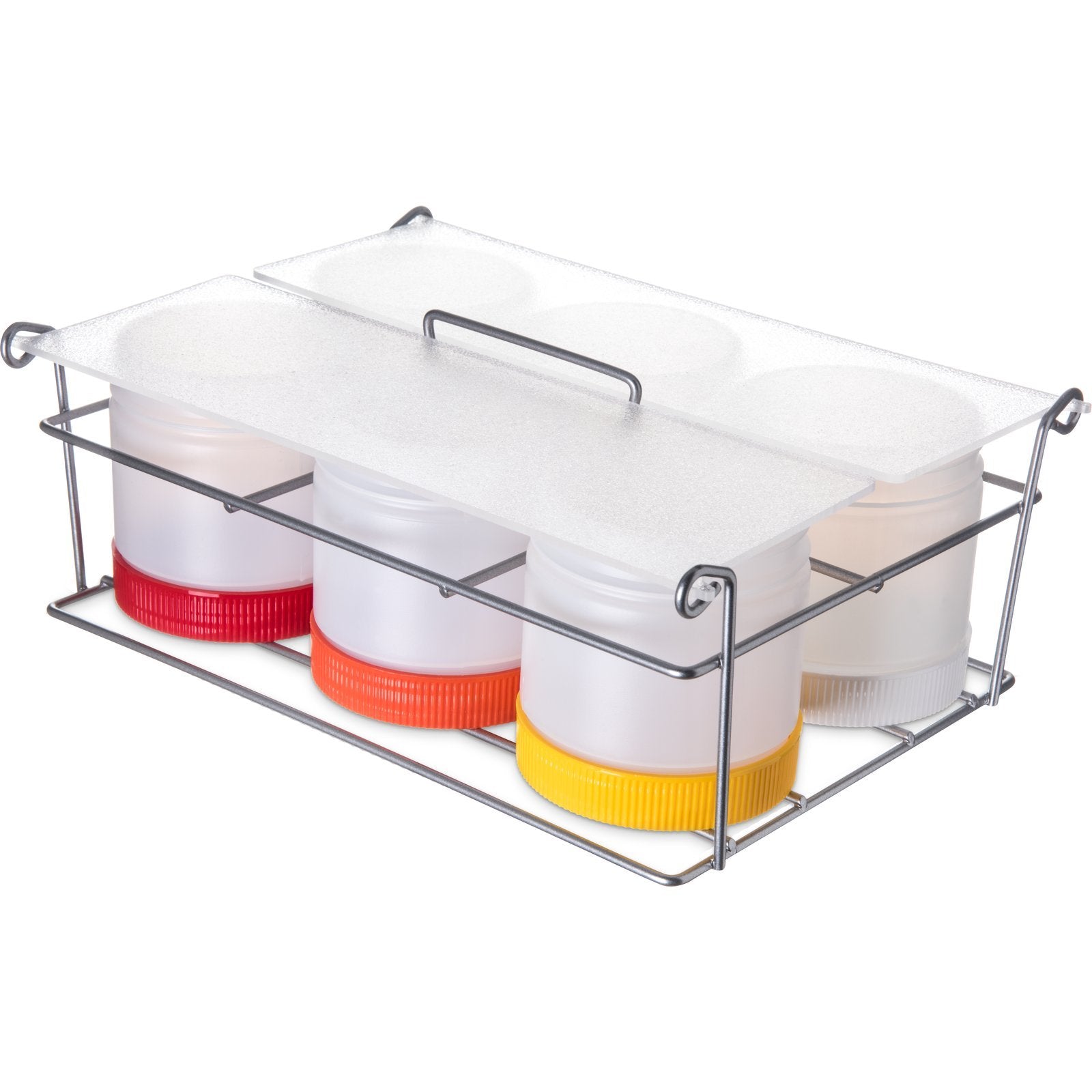 Store 'N Pour® Condiment Caddy, 12"L x 9"W x 4-3/4"H, (6) wide mouth with acrylic cover, polyethylene, clear - Mabrook Hotel Supplies