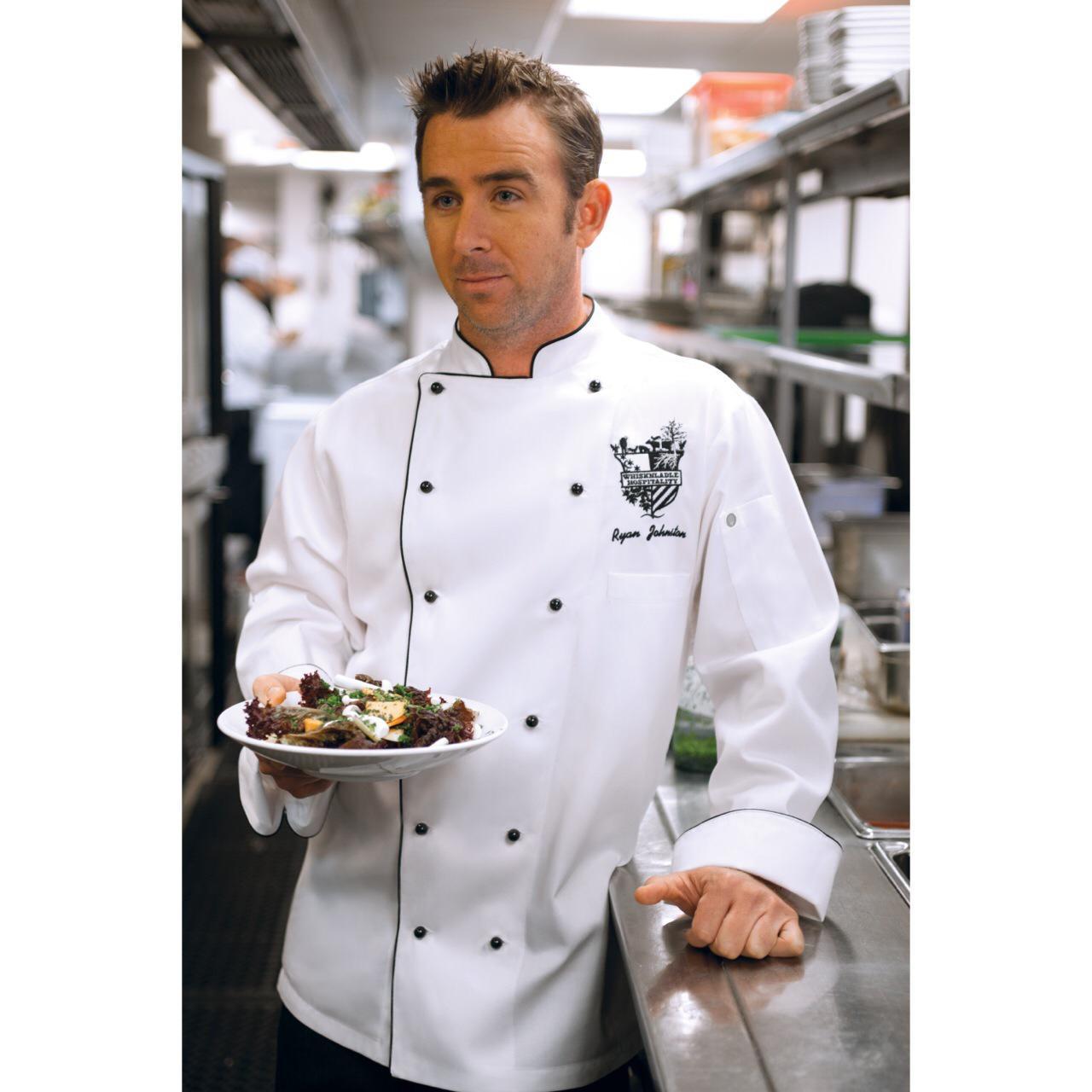 NEW PORT EXECUTIVE CHEF COAT MENS P/C WITH STUD STR,COLOR:WHITE - Mabrook Hotel Supplies