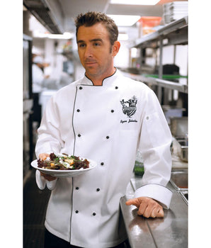 NEW PORT EXECUTIVE CHEF COAT MENS P/C WITH STUD STR,COLOR:WHITE - Mabrook Hotel Supplies