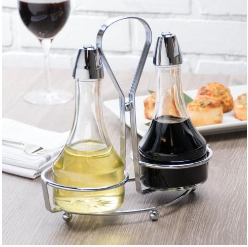 OIL & VINEGAR SET, CHROME PLATED ABS TOPS,INCLUDES 2 BOTLLES AND 1 STAND,3 PC MODERN SET, DIA:8 OZ - Mabrook Hotel Supplies