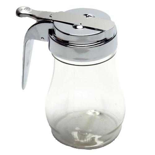 "DRIPCUT SYRUP POURER, 7 OZ, CLEAR POLYCARBONATE JAR WITH CHROME TOP, 4-1/4"H(10.8CM), 2-3/4"(7CM) BOTTOM DIA, 1-5/8"(4.1CM) JAR OPENING" - Mabrook Hotel Supplies