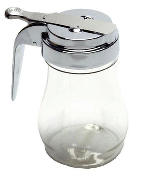 "DRIPCUT SYRUP POURER, 7 OZ, CLEAR POLYCARBONATE JAR WITH CHROME TOP, 4-1/4"H(10.8CM), 2-3/4"(7CM) BOTTOM DIA, 1-5/8"(4.1CM) JAR OPENING" - Mabrook Hotel Supplies