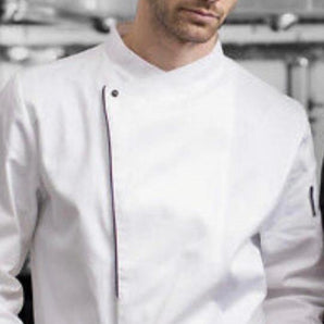 chef jaket white black line puss botton - Mabrook Hotel Supplies