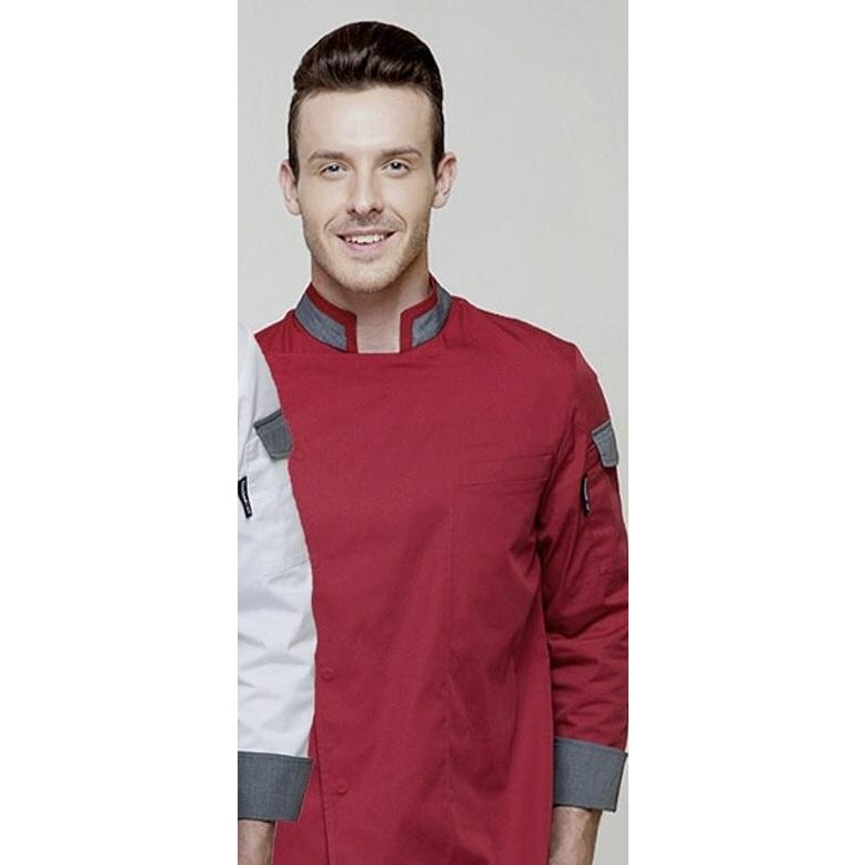 CHEF COATS RED AND GREY FULL - Mabrook Hotel Supplies